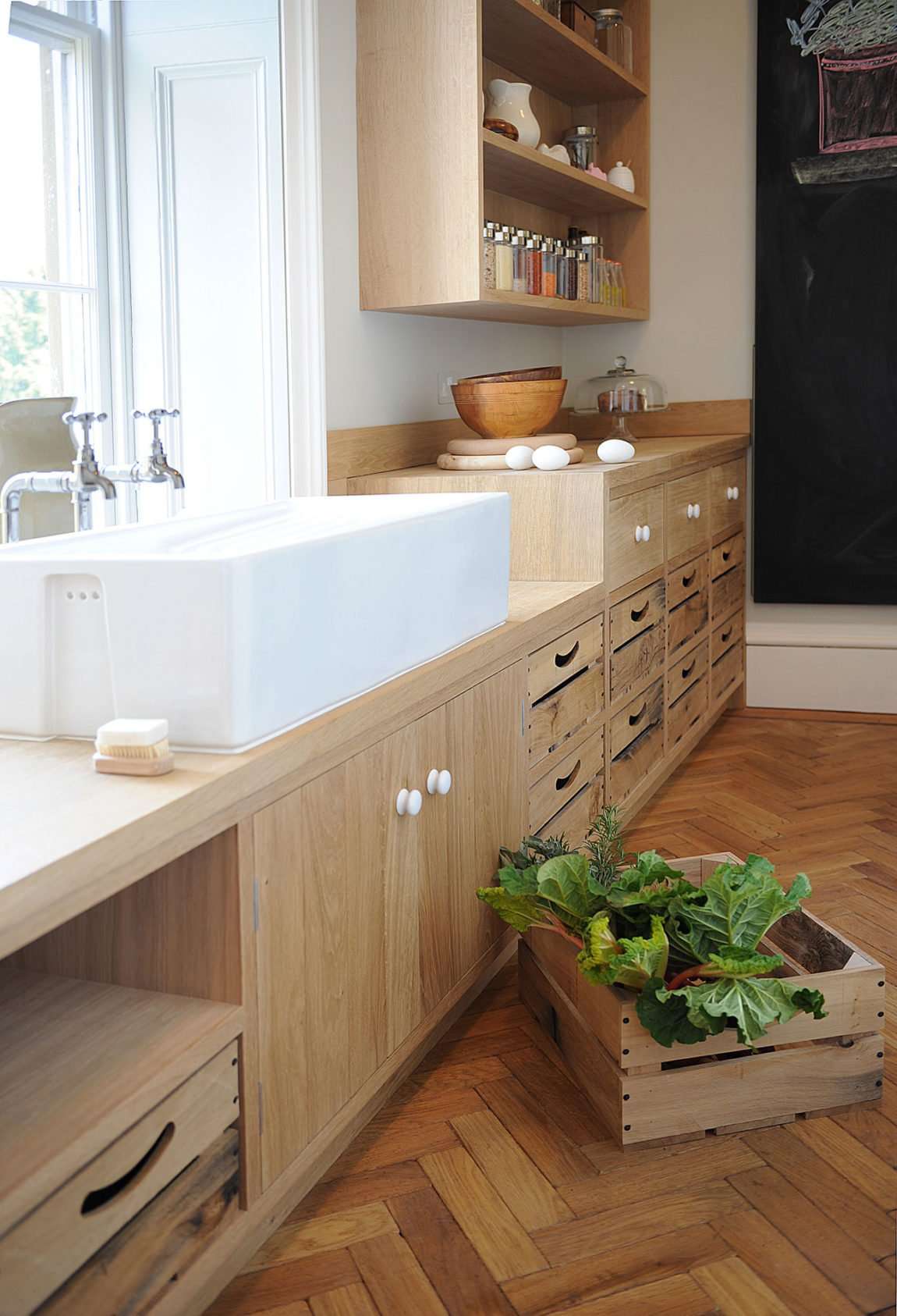 slab sink on top of countertop in kitchen