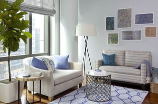 Bright apartment living room with cozy furniture and fiddle leaf fig.