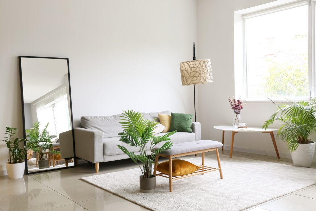 Picture of a living room with large mirror and plants