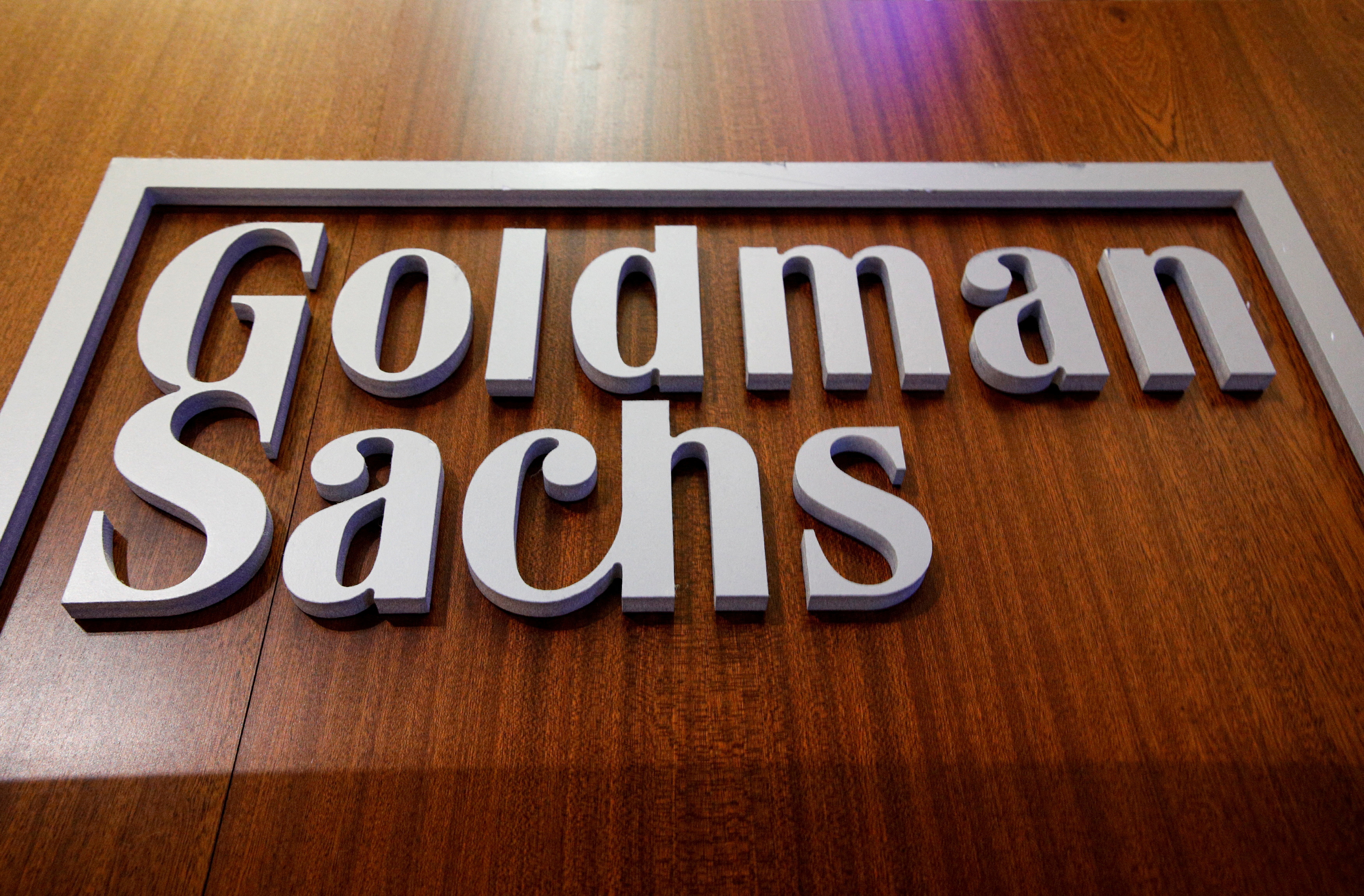 The Goldman Sachs company logo is on the floor of the NYSE in New York