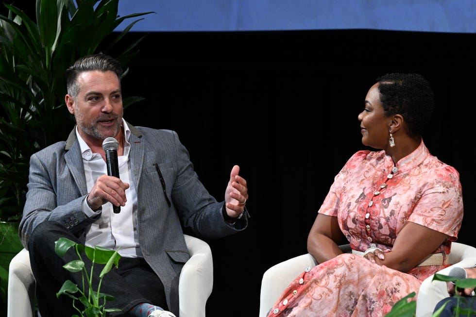new york, new york april 23: (l r) anthony carrino and arianne bellizaire speak onstage at the 2025 hearst eco conscious living summit at film at lincoln center’s walter reade theater on april 23, 2025 in new york city. (photo by eugene gologursky/getty images for hearst magazines)